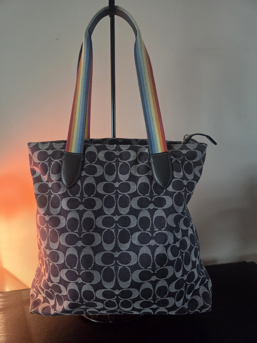 Coach Jean Signature Canvas Tote with Rainbow Straps - NAVY/Grey LIKE NEW